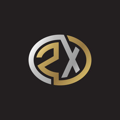 Initial letter ZX, looping line, ellipse shape logo, silver gold color on black background