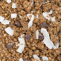Organic granola with chocolate and coconut flakes close view.