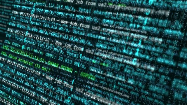 Process of mining digital crypto currency. Abstract seamless loop animation of cryptocurrency technology. Screen display of block chain network and programming binary code concept background.