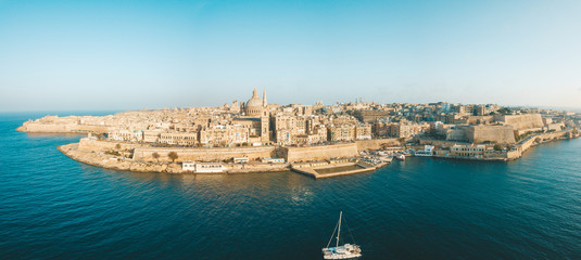 Aerial panoramic view of the Valletta old town on Malta. 