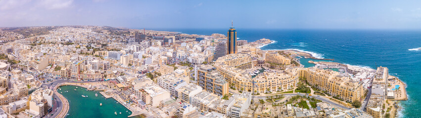 Beautiful aerial view of the Spinola Bay, St. Julians and Sliema town on Malta. 