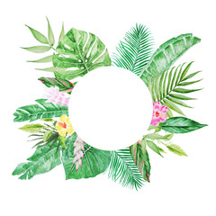 Palm tree leaves round frame. Watercolor  colorful concept of the jungle for the design of...