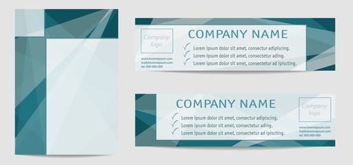 Layout set of book cover A4, header, footer. Turquoise tones. Geometric templates for banner, brochure, magazine, annual report, poster, flyer, portfolio. Vector background with transparent triangles