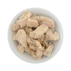 Top view of chicken breast chunks in a small bowl isolated on a white background.