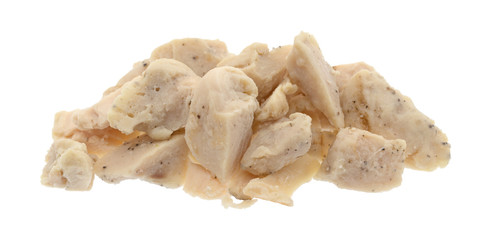 Portion of chicken breast chunks isolated on a white background.