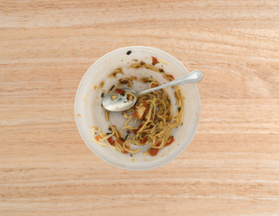 Chicken breast slices in angel hair pasta meal with a spoon in the food atop a wood table.