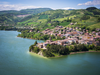 Mercatale artificial lake seen from the fortress of Sassocorvaro, Italy. - 205691880