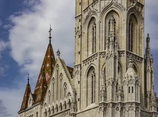 The white gothic exterior of St Matthias Cathedral where the Kings of Hungary were all crowned,...