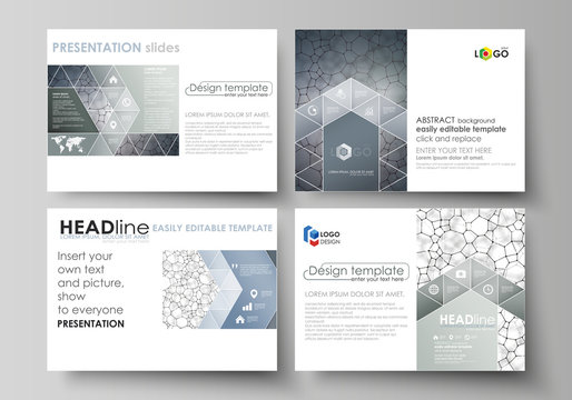 Business templates for presentation slides. Abstract vector layouts in flat design. Chemistry pattern, molecular texture, polygonal molecule structure, cell. Medicine, science, microbiology concept.