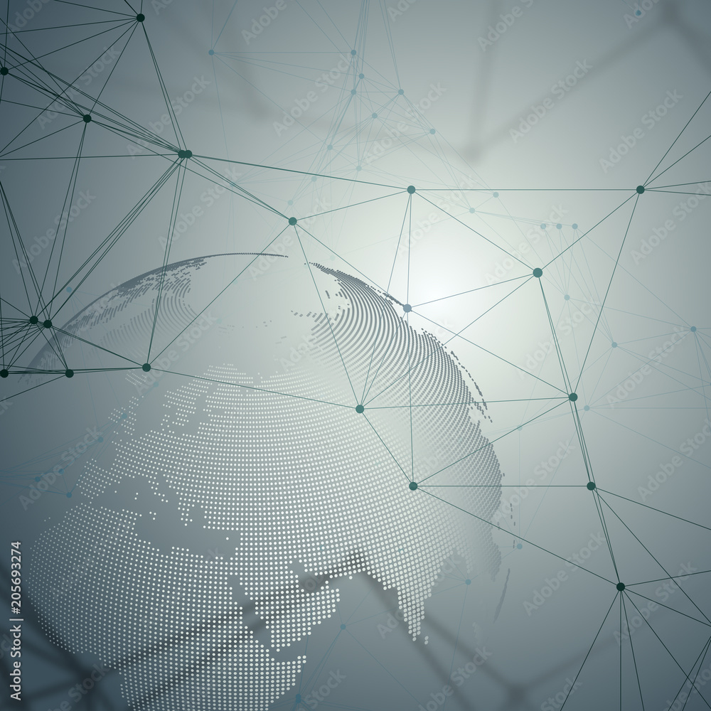 Poster dotted world globe with chemistry pattern, connecting lines and dots. molecule structure on gray. sc