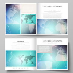 The minimalistic vector illustration of the editable layout of two covers templates for square design brochure, flyer, booklet. Molecule structure, connecting lines and dots. Technology concept.