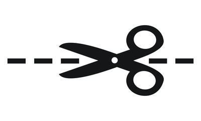 simple flat black vector scissors icon, cut here line symbol