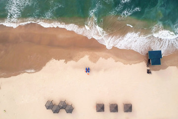 Aerial view of the beach. The Mediterranean Sea, Israel..The house of the rescuer, umbrellas, sand,...