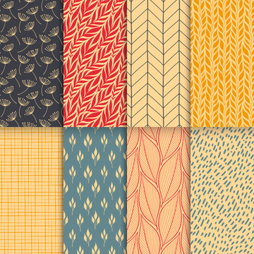 Abstract decorative doodle nature seamless patterns set. Hand drawn linear and silhouette flowers, branches, leaves textures. Simple universal background. Vintage colors. Vector illustration
