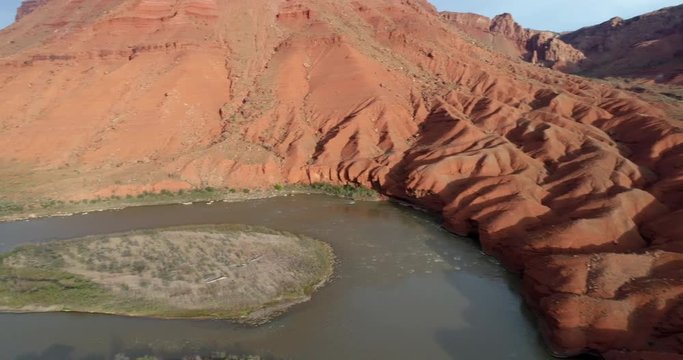 Colorado River at Rocky Rapid above Moab, Utah - aerial panning view