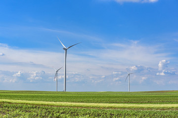 Beautiful field landscape with the windmills