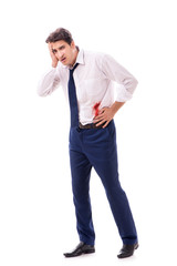 Wounded businessman with blood stains isolated on white backgrou