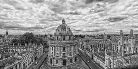 Radcliffe Camera, Oxford University as seen from St. Mary's Church steeple in black and white.