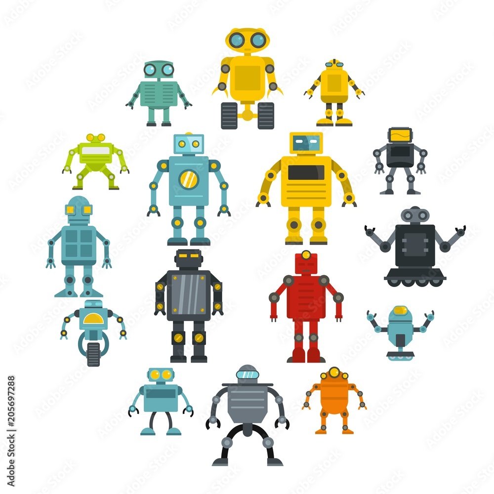 Poster robot icons set in flat style isolated vector illustration
