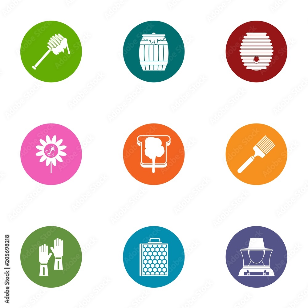 Poster honey icons set. flat set of 9 honey vector icons for web isolated on white background