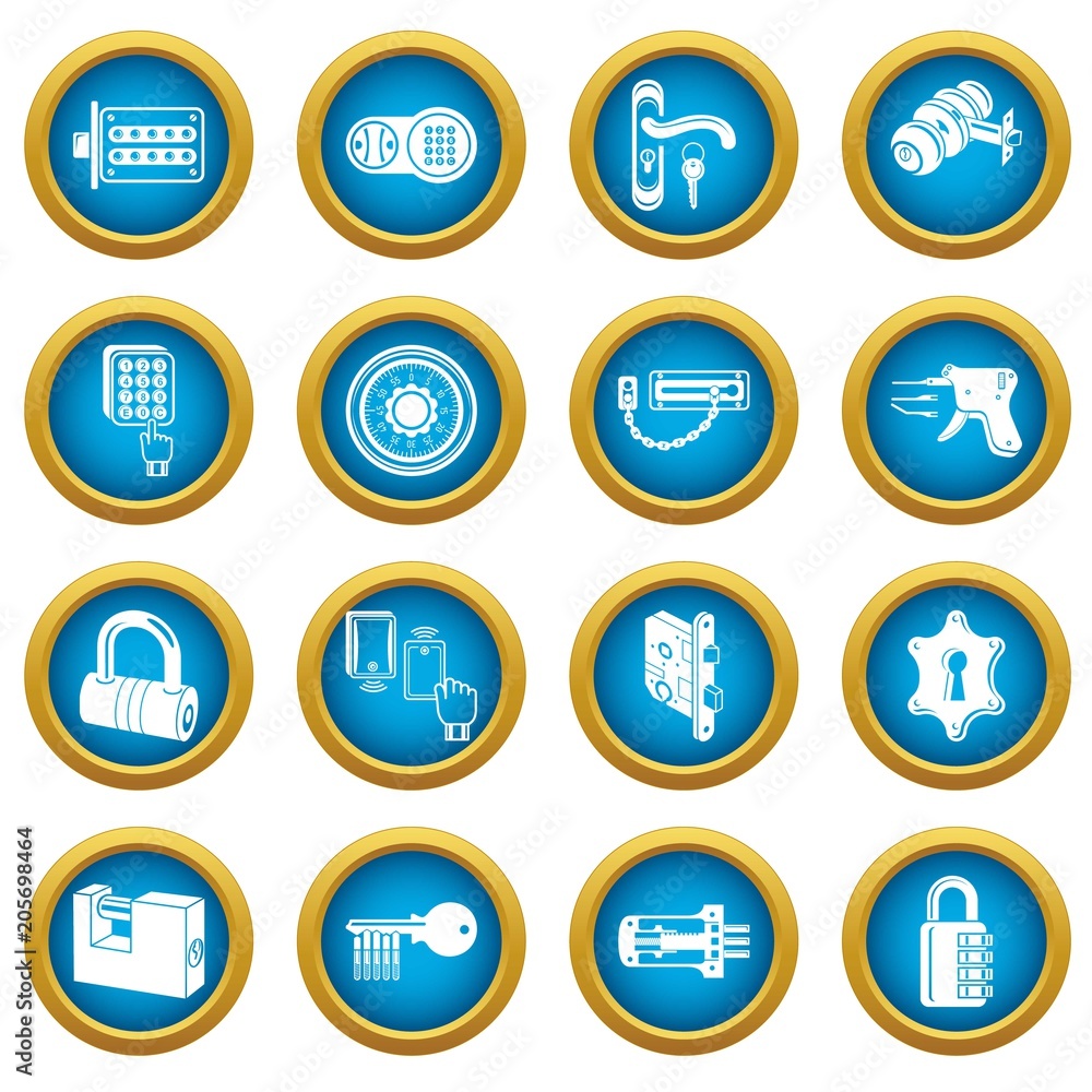 Poster lock door types icons set. simple illustration of 16 lock door types vector icons for web