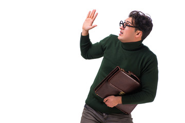 Nerd businessman with briefcase isolated on white