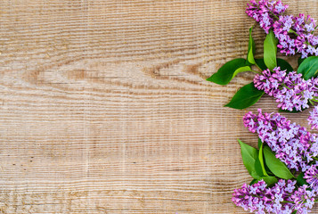 Fototapeta na wymiar Lilac branch on wooden background