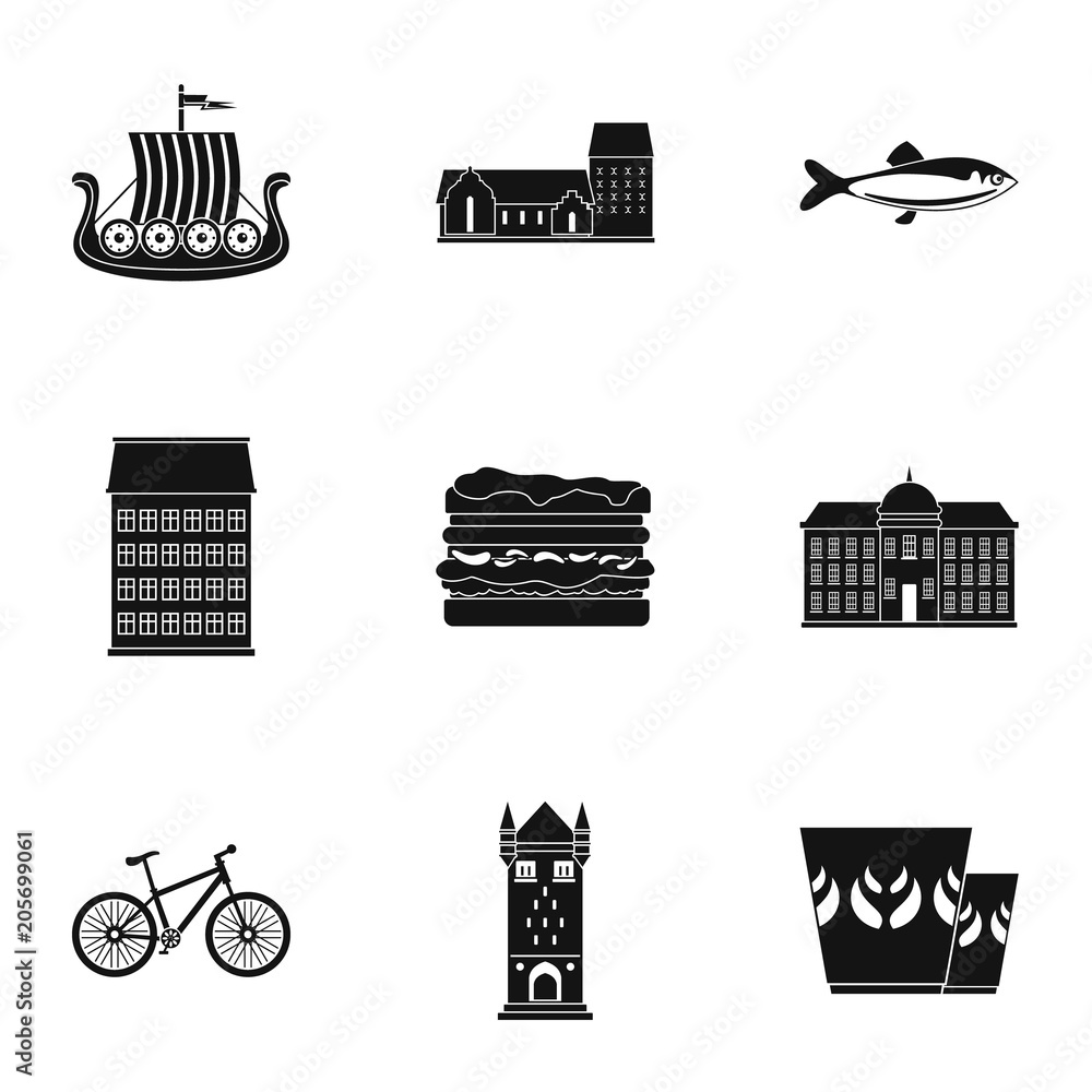 Poster scandinavian country icons set. simple set of 9 scandinavian country vector icons for web isolated o