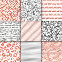Abstract hand drawn geometric simple minimalistic seamless patterns set. Polka dot, stripes, waves, random symbols textures. Bright colorful vector illustration. Template for your design