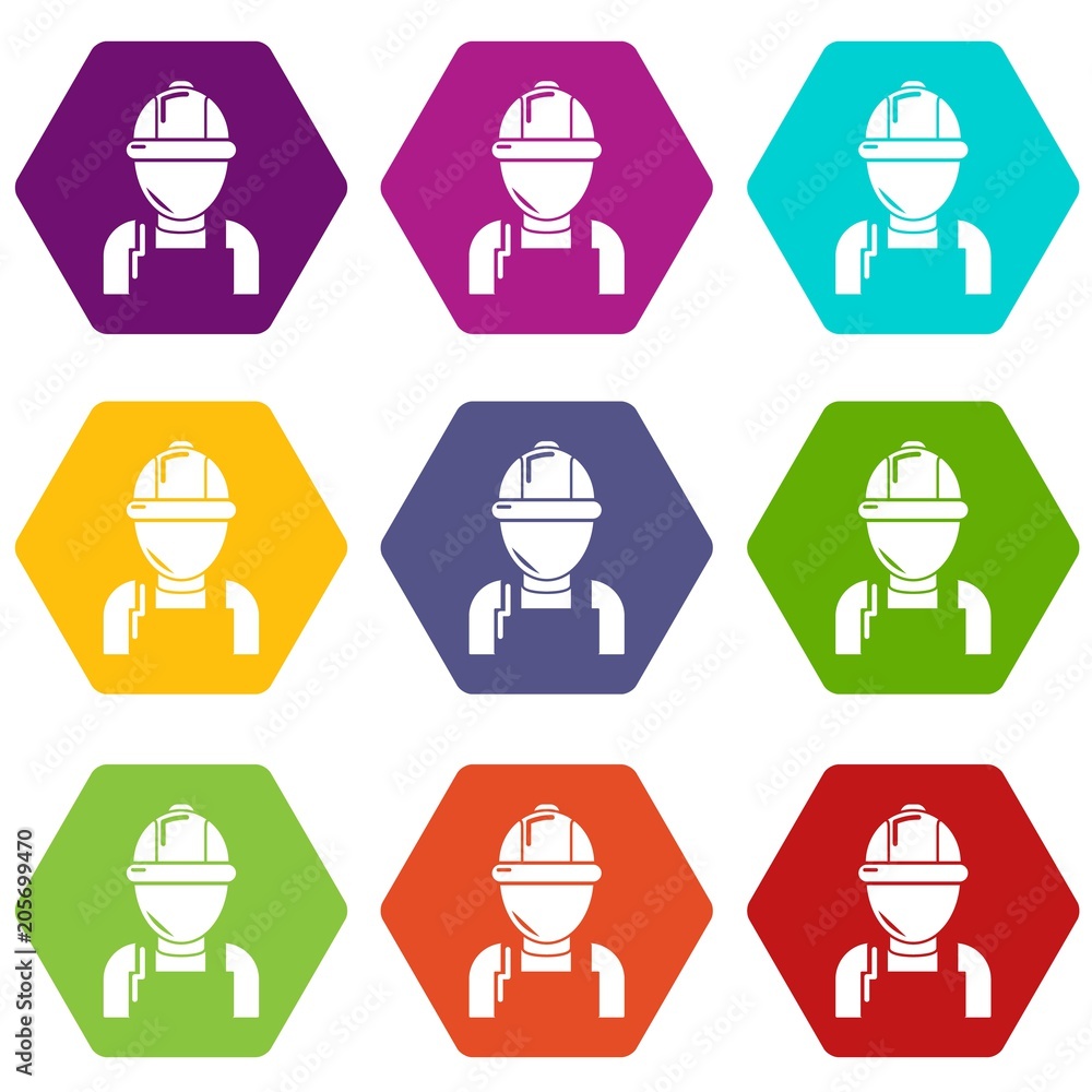 Poster man mechanic icons 9 set coloful isolated on white for web