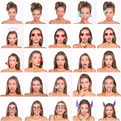 Plakat Collage of emotions. Different emotions. Emotion set of pretty girl. Feeling and emotions. Emoji set. Set of human emotions. Emoji. Isolated on white background.s