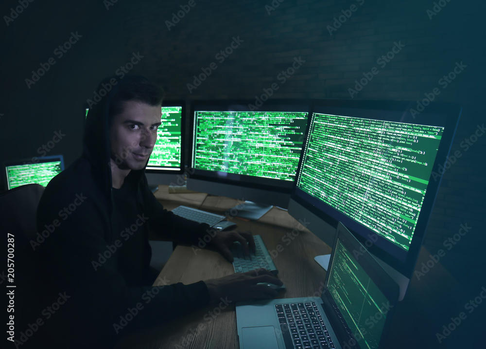 Poster Hacker using computer in dark room. Threat of cyber attack