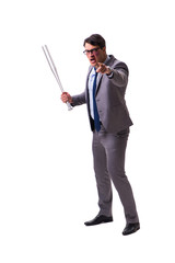 Businessman with baseball bat isolated on white