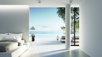 Fototapeta na wymiar Beach bedroom interior - Modern & Luxury vacation / 3D render image