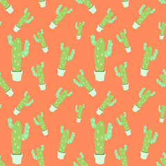 home blossom green cactus in white pot in doodle style, flat cartoon colors, seamless pattern isolated on orange background, stock vector illustration