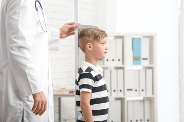 Doctor measuring little boy's height in hospital