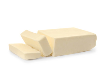 Tasty fresh cut butter on white background