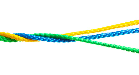 Colorful ropes tied together on white background. Unity concept