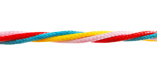 Colorful ropes tied together on white background. Unity concept
