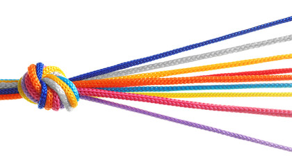 Colorful ropes tied together on white background. Unity concept - obrazy, fototapety, plakaty