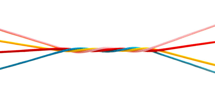 Colorful ropes tied together on white background. Unity concept