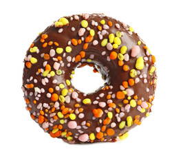Delicious glazed doughnut with sprinkles on white background
