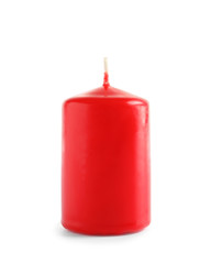 Red pillar wax candle on white background