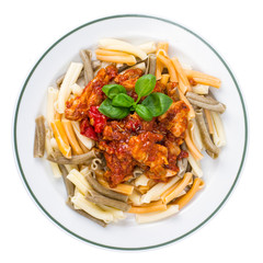 Plate with pasta and fish, vegetables