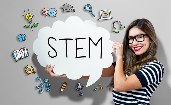 STEM text with young woman holding a speech bubble