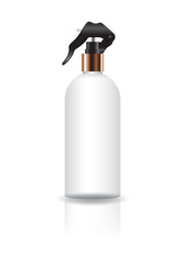 Blank white cosmetic round bottle with spray head for beauty product packaging. Isolated on white background with reflection shadow. Ready to use for package design. Vector illustration.