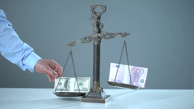 Dollar dominates euro on scales, exchange rates concept, stock market trading