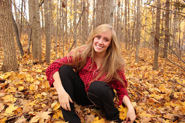 Beautiful Blonde Girl in Plaid in Fall Foliage (Sitting)