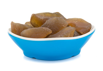 Salty-Sweet or Chatpata Amla Candy Indian Traditional Digestive Food Good to Eat After Lunch or Dinner, Also Serve in Festival of Diwali, Holi, And For Guest. isolated on White Background