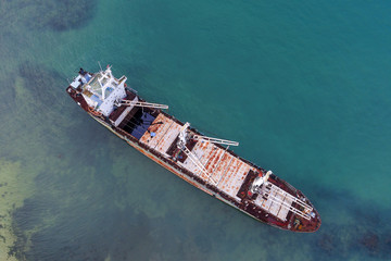 Aerial view of Ship wreck on beach in Batam Island, Indonesia